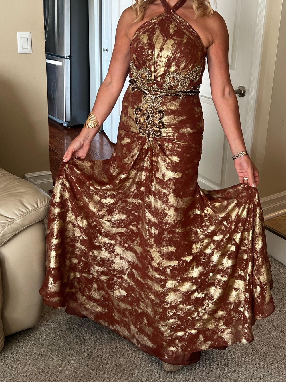 Sherri Haute Couture Elegant Brown Gold Halter Maxi Dress with Beaded Detail